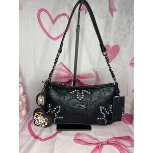 NEW Ed Hardy Black Rhinestone Studded Shoulder Handbag with crossbody strap